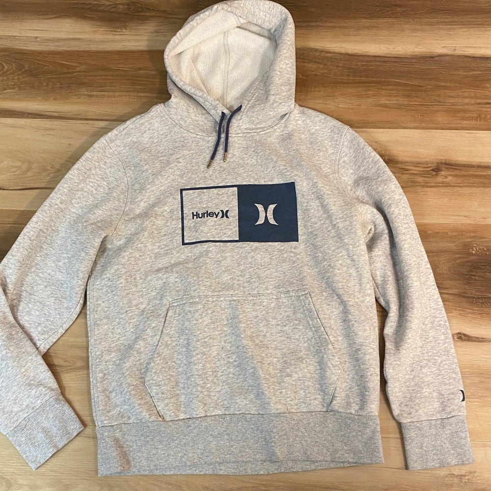 Hurley Mens Small Hoodie Gray Blue Logo Long Sleeve Pullover Sweatshirt